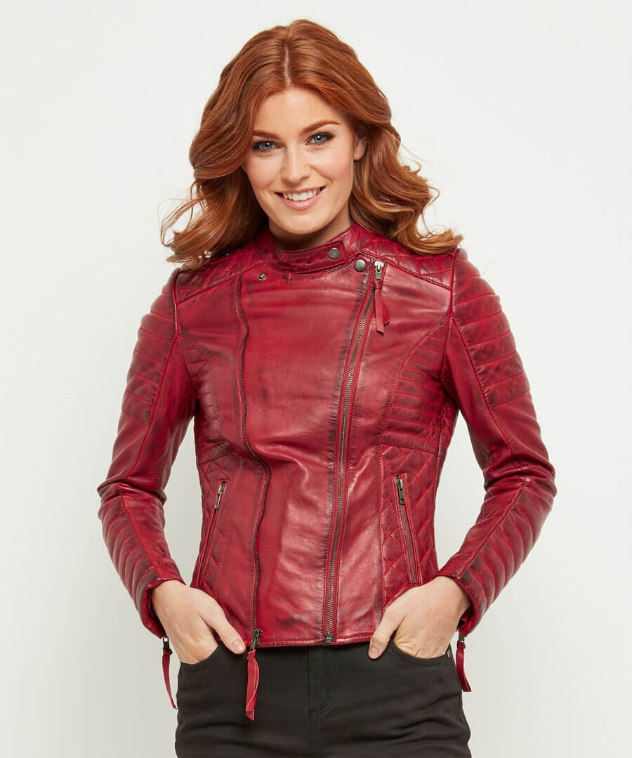 red women's leather jacket